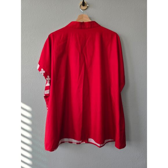 Bold Red Floral Stripe Button Blouse Size 3XL Short Sleeve Retro Hibiscus Top - Picture 4 of 7